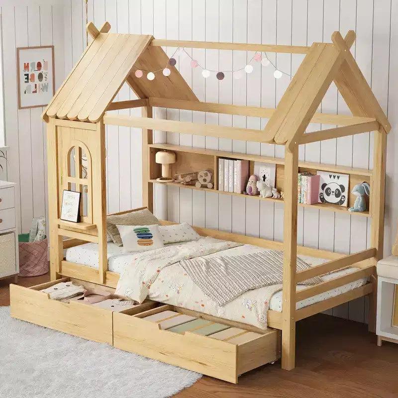 House Platform Bed with Storage Drawers and Window, Solid Wood Frame with Shelves, Childlike Fun Design, Light White