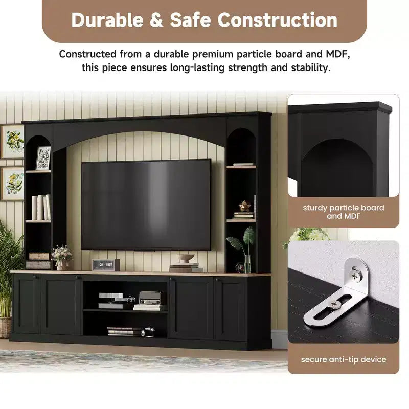 Whisen 91 Media Console, Arched Entertainment Center Wall Unit, Farmhouse TV Stand with Bookshelf, Wood Grain for TVs Up to 70