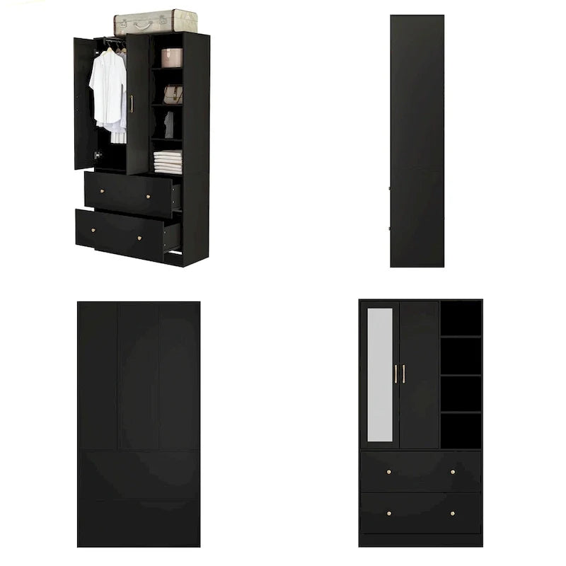 Wardrobe Closet Armoire wi/Mirror & Scalable Hanging Rod Space Saving