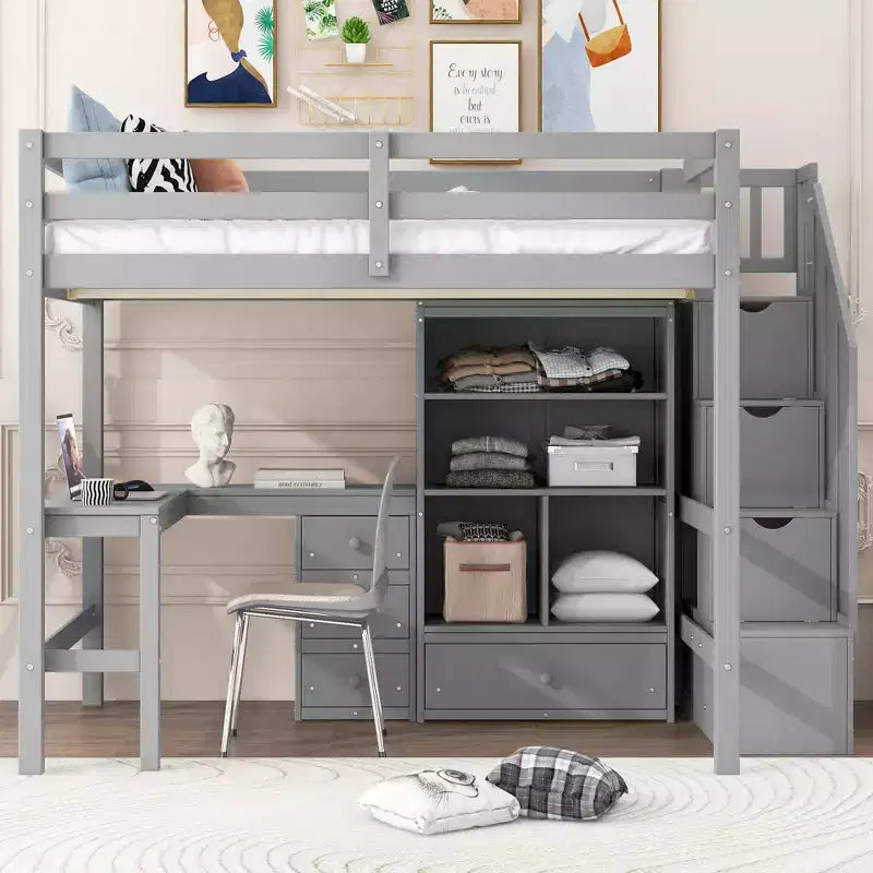 Clihome Full Size Loft Bed with L-Shaped Desk and Drawers, Cabinet and Storage Staircase