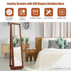 Costway Armoire à bijoux rotative à 360° 2-en-1 Organiseur miroir verrouillable Blanc/Noir/Marron foncé/Gris/Bleu/Rose/Violet/Gris foncé