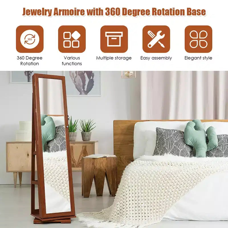 Costway Armoire à bijoux rotative à 360° 2-en-1 Organiseur miroir verrouillable Blanc/Noir/Marron foncé/Gris/Bleu/Rose/Violet/Gris foncé