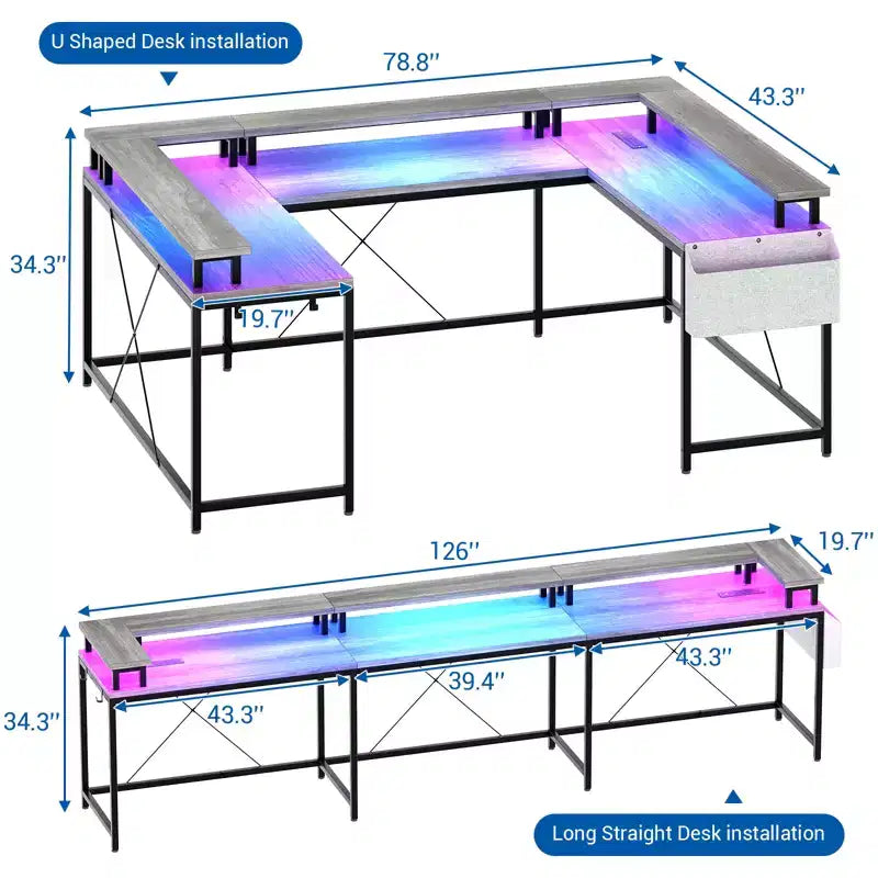 COZONY 78 U/L Shaped Gaming Desk, Reversible Computer Desk with Power Outlets, LED Lights, Monitor Stand & Storage Shelf, Corner Desk for Home Office
