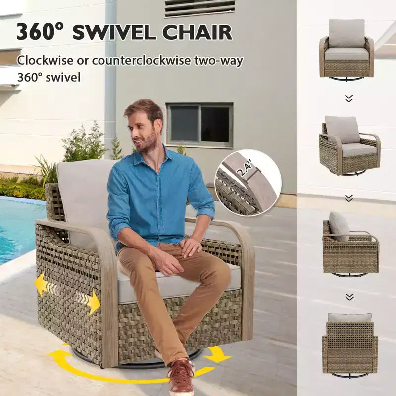 EAGLE PEAK Ensemble de conversation d'extérieur en osier pour patio, chaises pivotantes à bascule, canapé 3 places, causeuse, table, 8 pièces