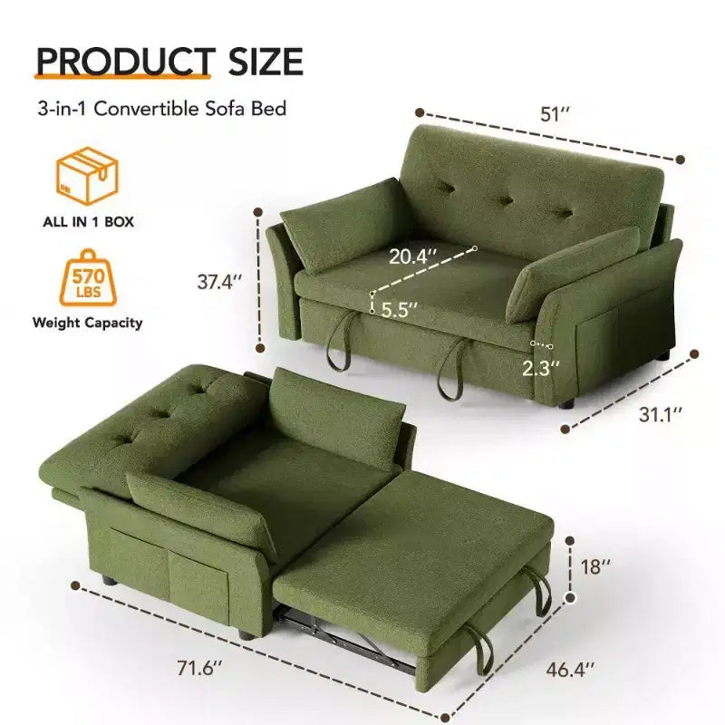 Dyonery 51 3-in-1 Sleeper Sofa Bed, Convertible Loveseat with Pull-Out Bed, Adjustable Backrest, Linen Couch