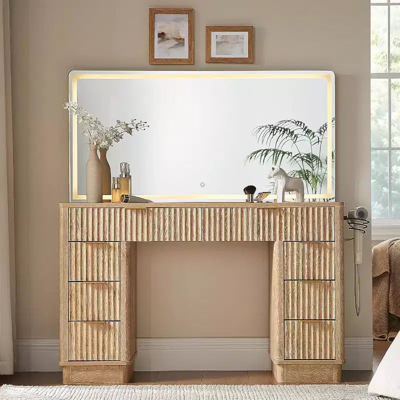 48 Fluted Makeup Vanity Desk with Mirror and Lights, Modern Vanity Table with 8 Drawers & Charging Station, Vanity Desk with Glass Top