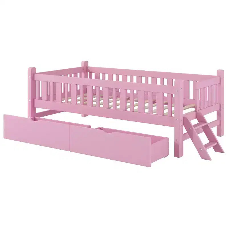 Whisen Twin Size Wood Platform Bed with Guardrail and 2 Drawers
