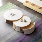 Modern Round Coffee table, Stone Table-top, Natural Wood - 50  x 31.5