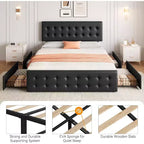 Storage Bed Frame with 4 Drawers & Adjustable Headboard - Upholstered Platform Bed