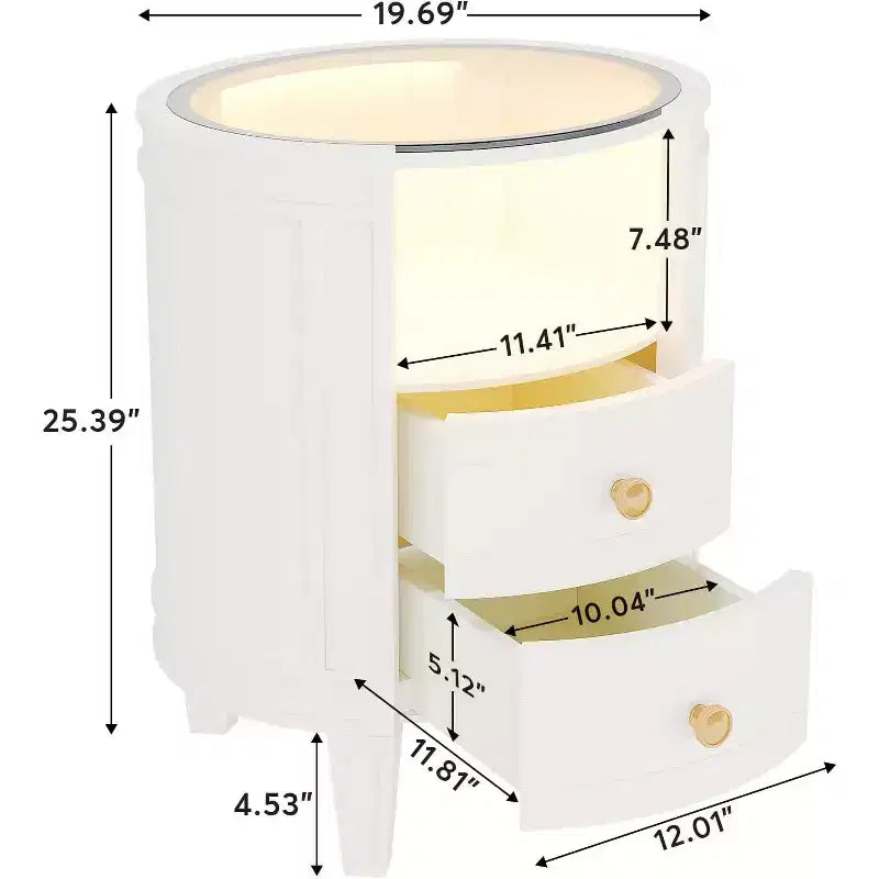Lantine Lot de 2 tables de chevet modernes ivoire et blanc avec plateau en verre LED, 2 tiroirs, aucun assemblage requis, tables de chevet ovales pour chambre à coucher
