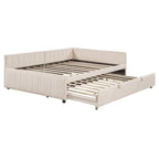 Upholstered Daybed with Twin Size Pop Up Trundle, Full Size Daybed Frame Sofa Bed with L-Shaped Backrest and Striped Design