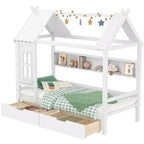 House Platform Bed with Storage Drawers and Window, Solid Wood Frame with Shelves, Childlike Fun Design, Light White