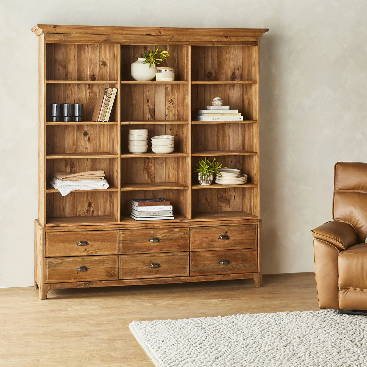 Kalise Reclaimed Timber 6 Drawer Library Shelving Unit Vintage Brown