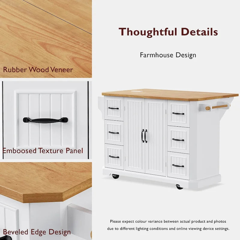 Expandable Drop-Leaf Kitchen Island, Kitchen Cart on 4 Wheels with Power Outlet, Moveable Island Table with 2 Door & 6 Drawers