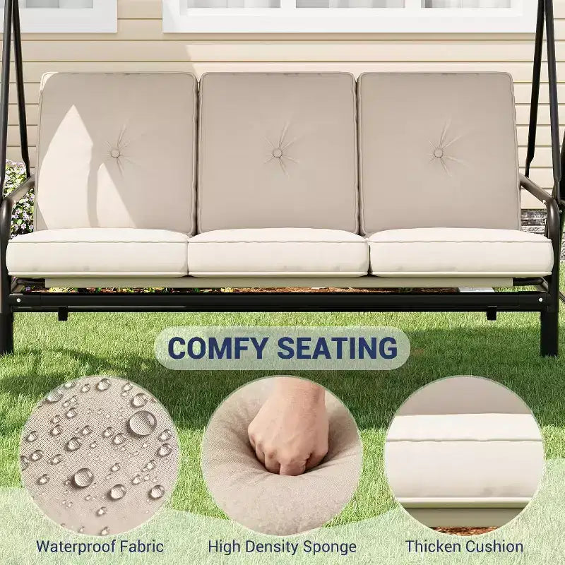 2-in-1 Convertible 3-Seat Outdoor Swing Chair with Adjustable Canopy,Patio Swing Bed with Stand,Thick Cushions&Cup Holders,for Backyard,Garden,Porch