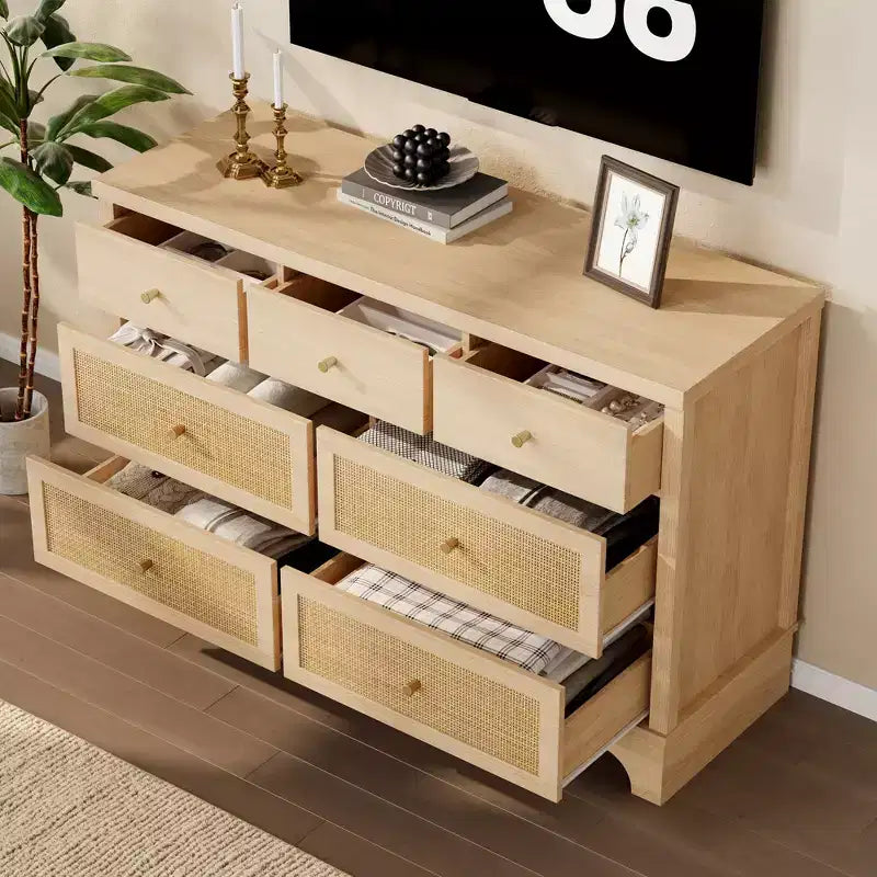 7 Drawer Dresser for Bedroom, 47.3 Wide Natural Rattan Chest of Drawers, Wood Boho Clothing Storage Organizer, for Living Room