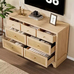 7 Drawer Dresser for Bedroom, 47.3 Wide Natural Rattan Chest of Drawers, Wood Boho Clothing Storage Organizer, for Living Room