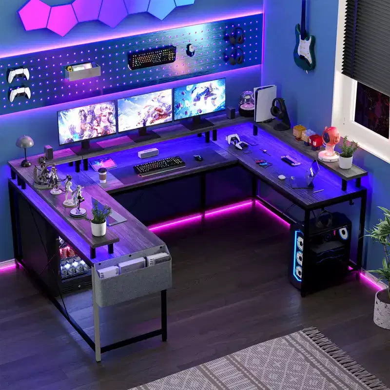 COZONY 78 U/L Shaped Gaming Desk, Reversible Computer Desk with Power Outlets, LED Lights, Monitor Stand & Storage Shelf, Corner Desk for Home Office