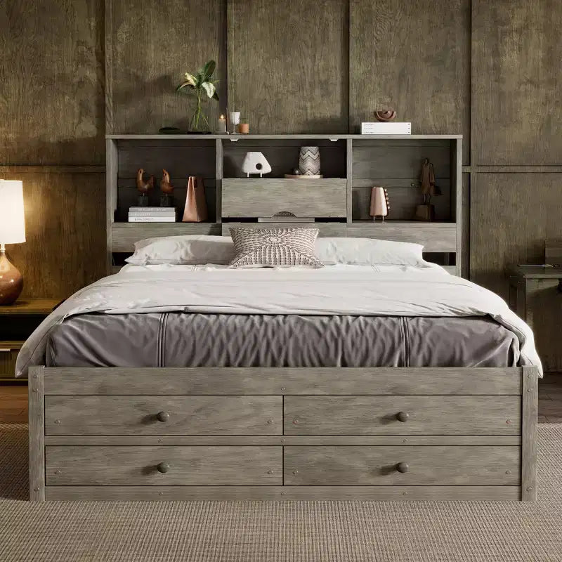 Queen Size Platform Bed with Storage Shelf and 8 Drawers, Easy Assembly