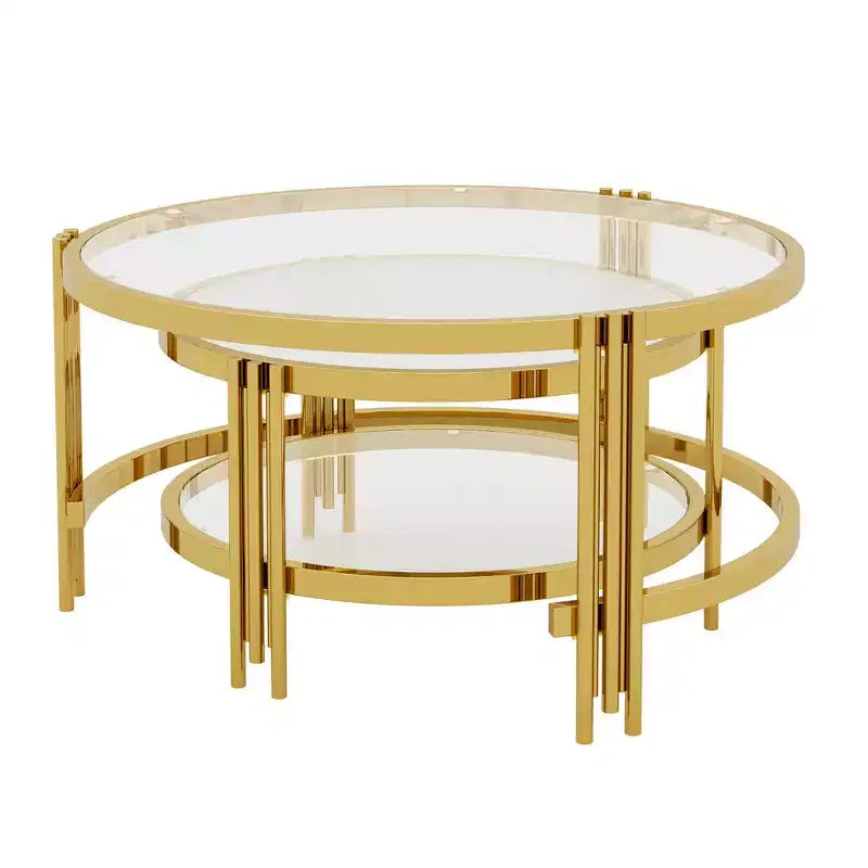 Whisen Modern 2 - Pièces Finition Or avec Verre Texturé Table Basse, Tables Basses Gigognes en Verre Trempé - Transparent & Doré