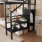 Okak 94IN Twin Size Loft Bed with Wardrobe, Twin Bed with Storage Shelves and Basket, Bed Frames for Bedroom, Dormitory