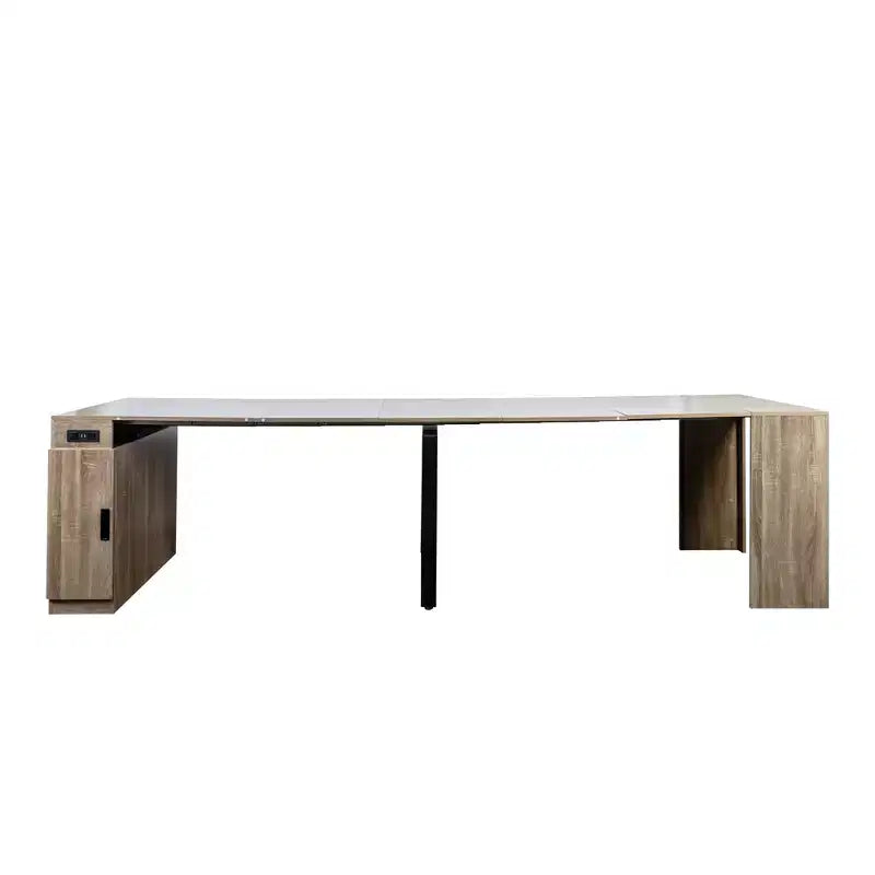 CLIHOME Modern Multifunctional Extendable Dining Table with Outlet, Space Saving Expanding Table with Storage