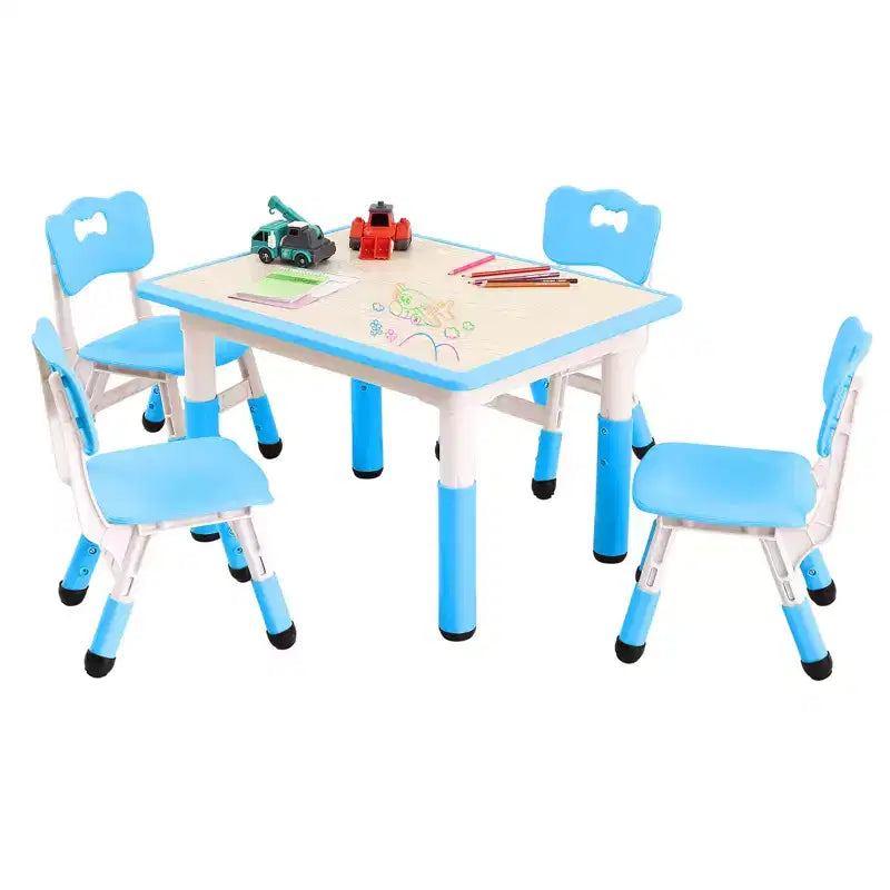 Children's table and 4 chairs, height-adjustable, doodle tabletop, multifunctional children's table and chair set for reading, drawing, dining