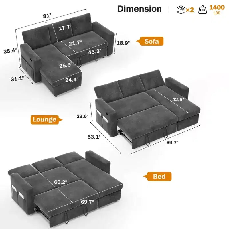 Dyonery 2 in 1 Pull Out Sleeper Sofa with Storage Chaise C Chenille Sectional Couch with USB Ports for Living Room