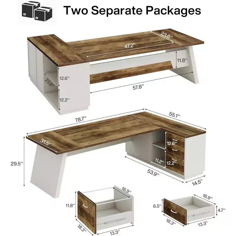 Bureau de direction en L Lantine Modern 78 avec tiroirs et classeur latéral