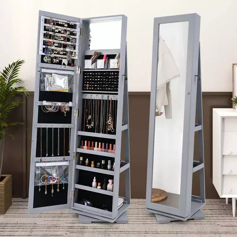Costway Armoire à bijoux rotative à 360° 2-en-1 Organiseur miroir verrouillable Blanc/Noir/Marron foncé/Gris/Bleu/Rose/Violet/Gris foncé