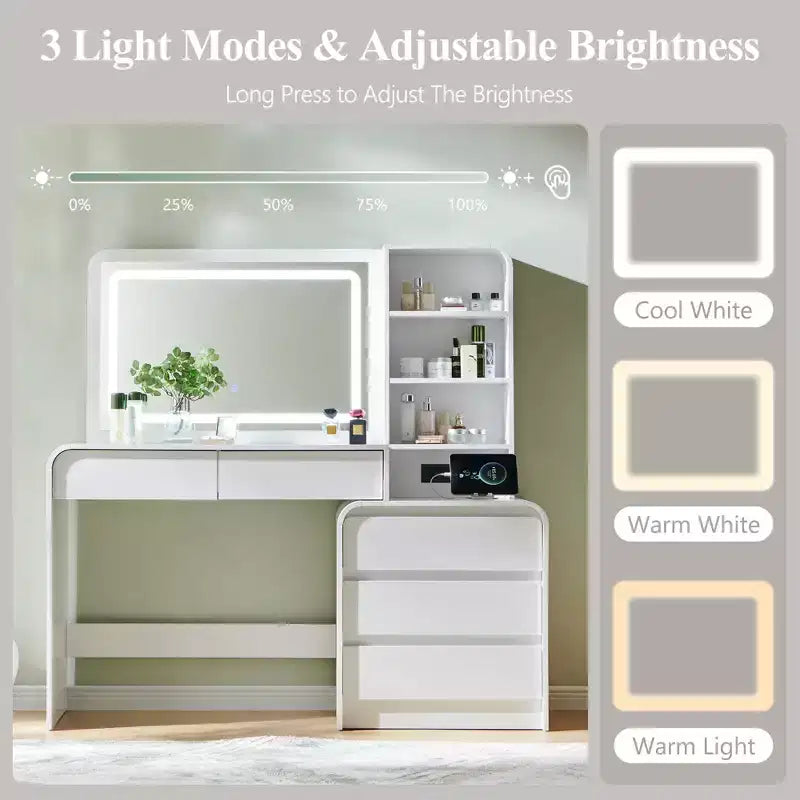 Vanity Desk with 35.4 LED Mirror and Lights, Modern Makeup Vanity Table with Charging Station & Adjustable Shelves