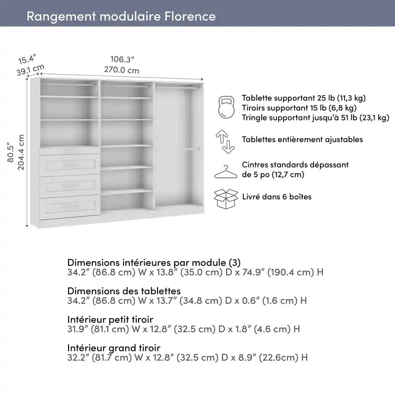 107 Système de dressing modulaire avec tringles, étagères et tiroirs style Shaker