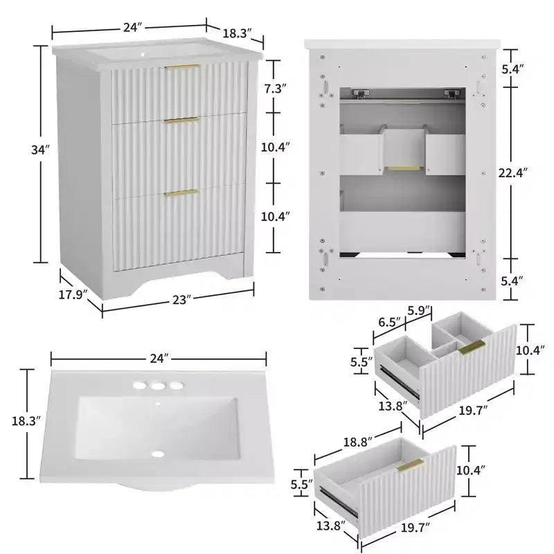 Modern Fluted Bathroom Vanity Set with Integrated Ceramic Basin Freestanding Bathroom Storage Vanity Cabinet with 3 Drawers for Contemporary Bathroom