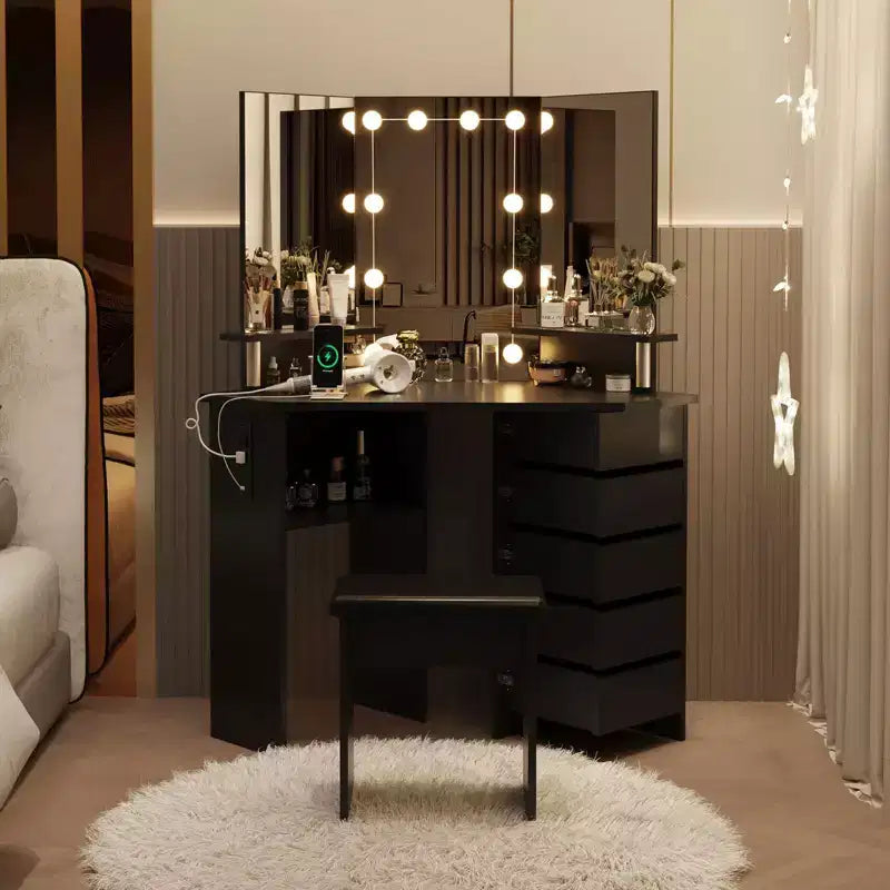 Corner Makeup Vanity Desk with Lights, Dressing Table with Power Outlet and Rotating Drawers for Bedroom