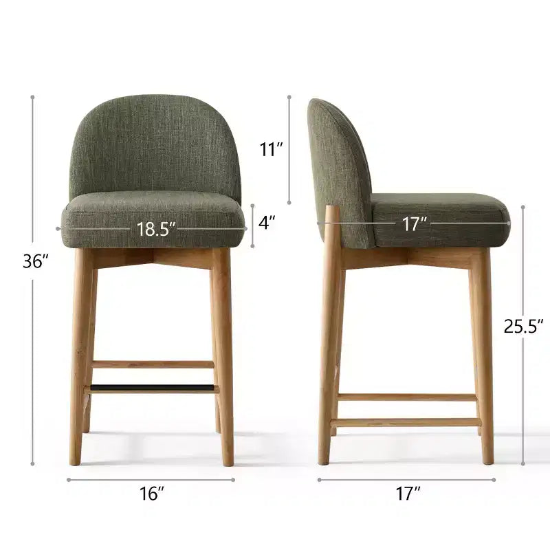 Lot de 2 tabourets de bar modernes hauteur comptoir, 26 po, chaises rembourrées en lin pour îlot de cuisine avec pieds en bois massif et dossier incurvé - Panipeachy