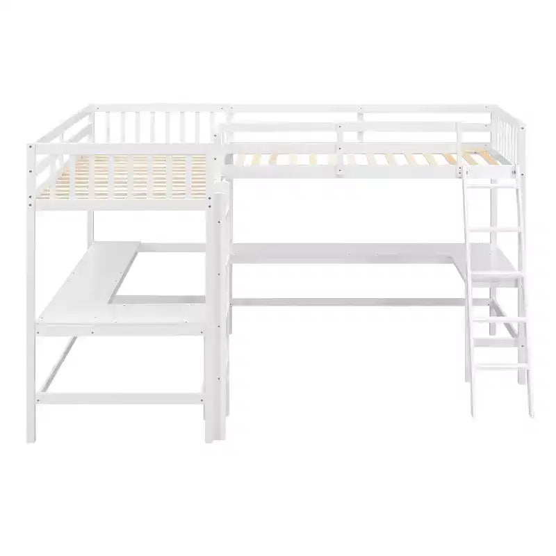 119''L 79.5''W Wood Twin Size L-Shaped Loft Bed with Ladder and 2 Built-in L-Shaped Desks