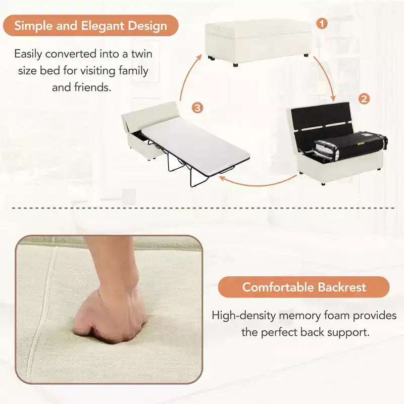 Twin Size Convertible Ottoman Sleeper Bed with Mattress - Space-Saving Guest Bed for Living Room & Apartment