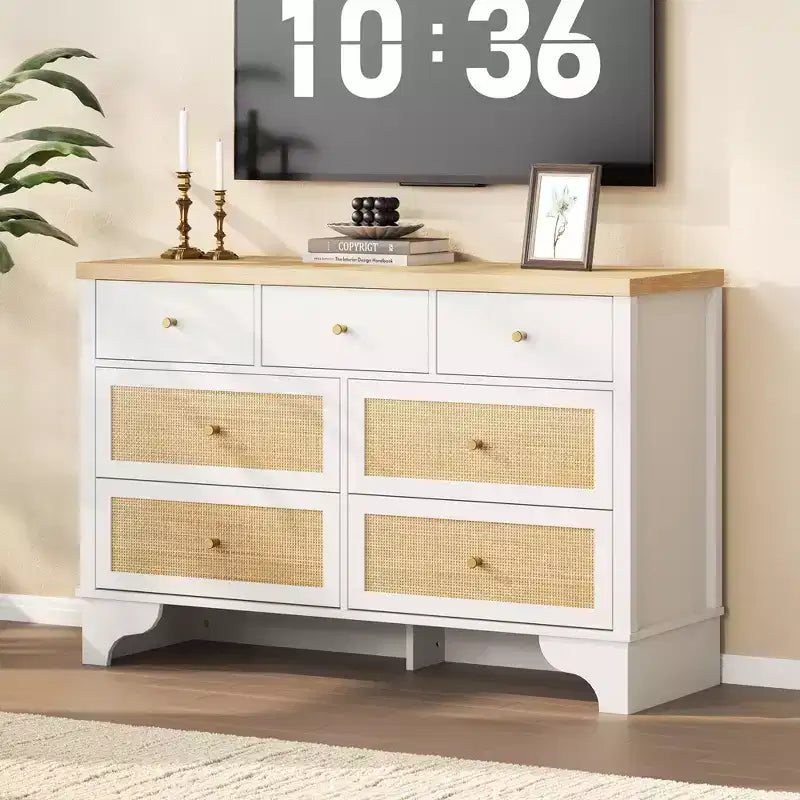 7 Drawer Dresser for Bedroom, 47.3 Wide Natural Rattan Chest of Drawers, Wood Boho Clothing Storage Organizer, for Living Room
