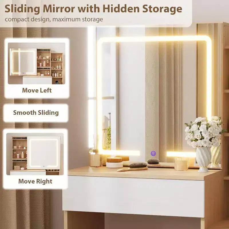 DobleePy Modern Vanity Desk with Sliding Mirror & LED Lights, 4 Drawers, 7 Shelves, Charging Station & Stool, Makeup Dressing Table for Bedroom