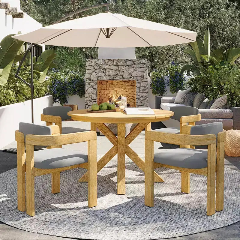 ModernLuxe 5pcs Outdoor Acacia Wood Round Dining Table Set, 47 Patio Table with 4 Cushioned Barrel Chairs for Garden/Patio/Backyard