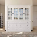 Grand buffet vaisselier blanc avec portes vitrées, bahut de rangement pour cuisine, salon, étagères à livres