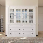 Grand buffet vaisselier blanc avec portes vitrées, bahut de rangement pour cuisine, salon, étagères à livres