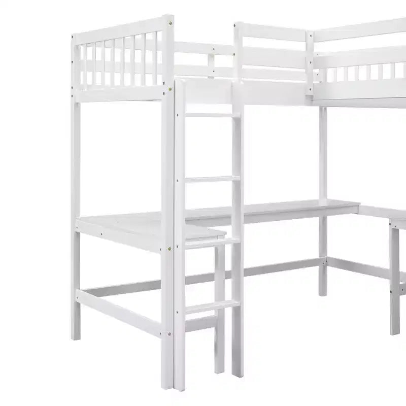 119''L 79.5''W Wood Twin Size L-Shaped Loft Bed with Ladder and 2 Built-in L-Shaped Desks