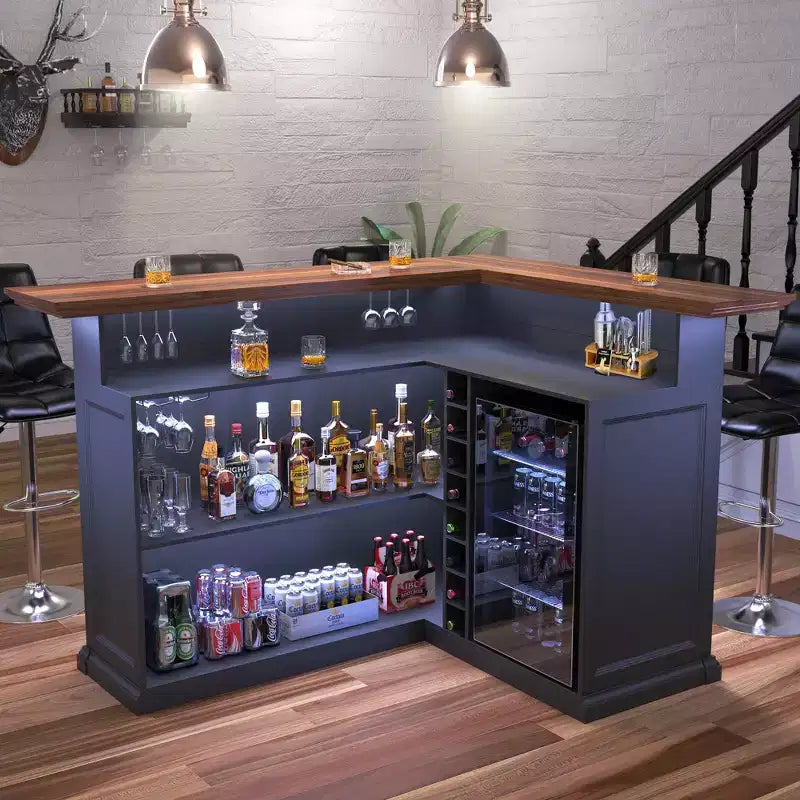 GDLF L Shaped Home Bar Cabinet with Fridge Space, Oversized Modern Basement Bar Table