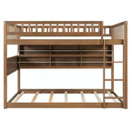 Full Over Full Modern Low Bunk Bed with Storage Lighted Shelves and Pegboard
