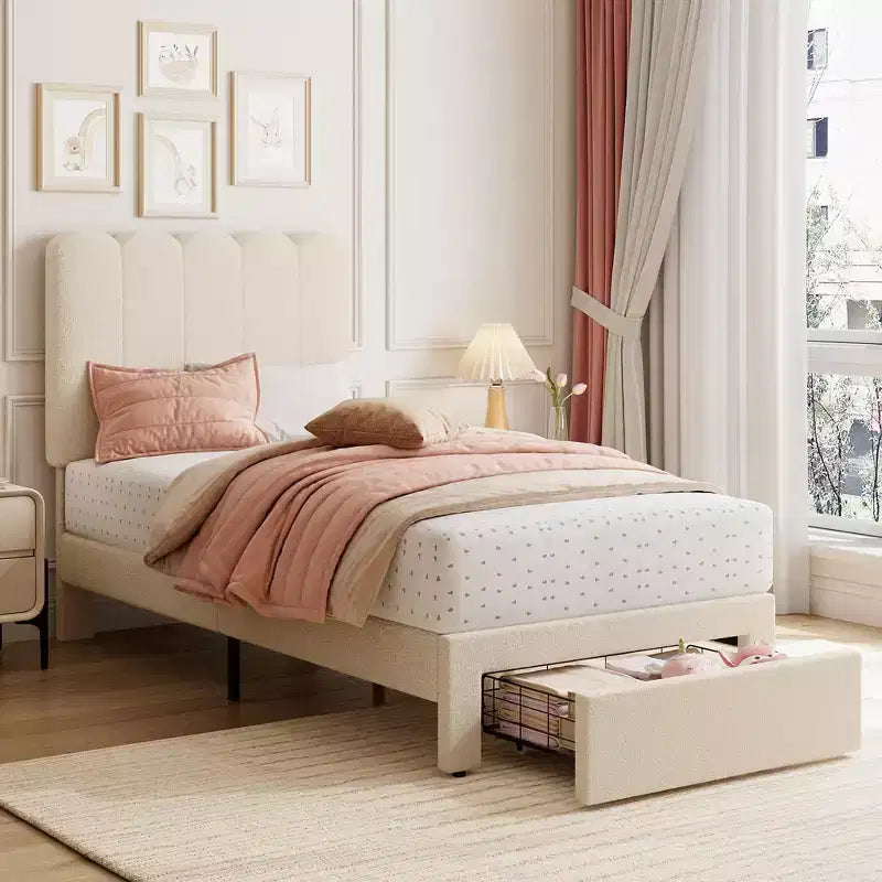 Set of 2 Twin Bed Frame with Under-Bed Drawer, Upholstered Platform Bed with Wave Headboard, Wooden Slats Support, No Box Spring Needed