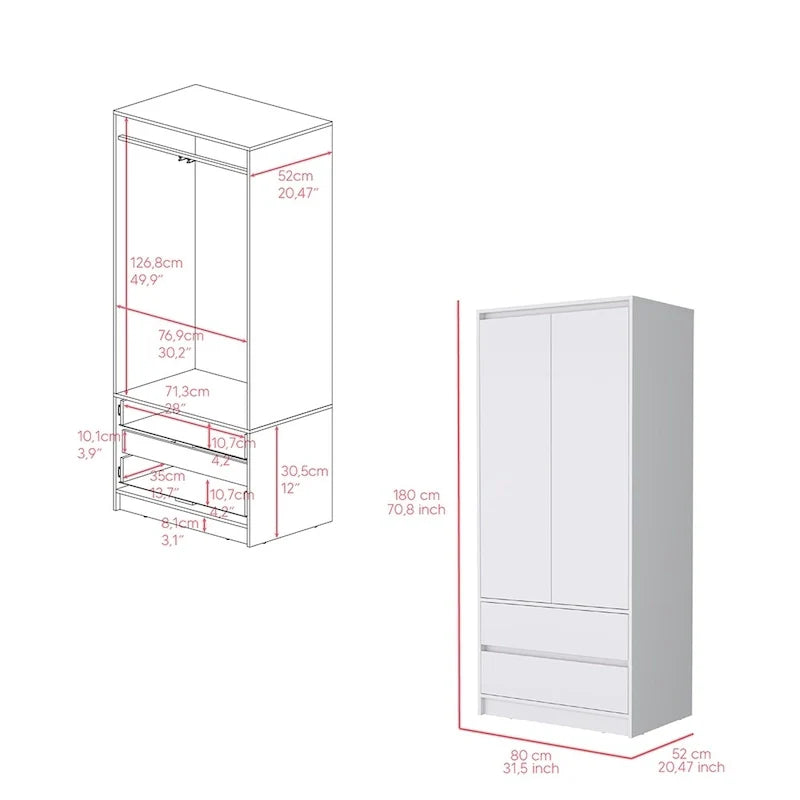 20.47  Modern Double-door Armoire with Hanging Rod and Two Drawers for Bedroom