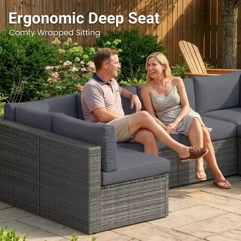 Outdoor 7-Piece Patio Furniture Set, Wicker Patio Conversation Sets with Cushions and Coffee Table, Outdoor Modular Sectional Sofa