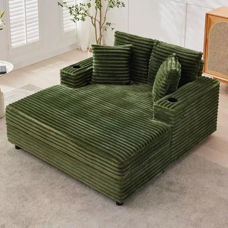 Corduroy 3-Seat Lounge Sofa with Cup Holders & Charging Ports