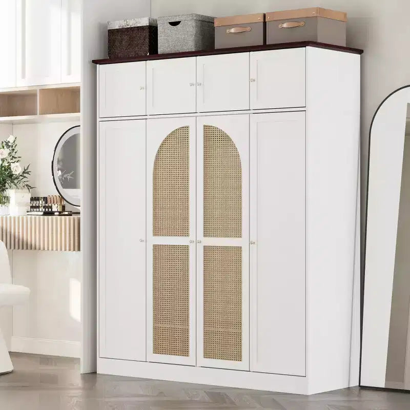 70.87Tall 8-Door Large Capacity Armoire Wardrobe Closet with Hanging Rod, Adjustable Shelves and Rattan Decorative Doors